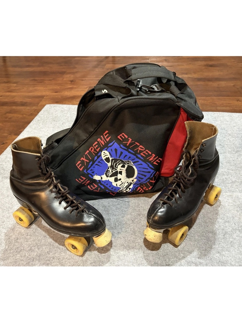 Vintage Roller Skates Sure Grip Men’s Sz 10 Black Leather With Skate Bag